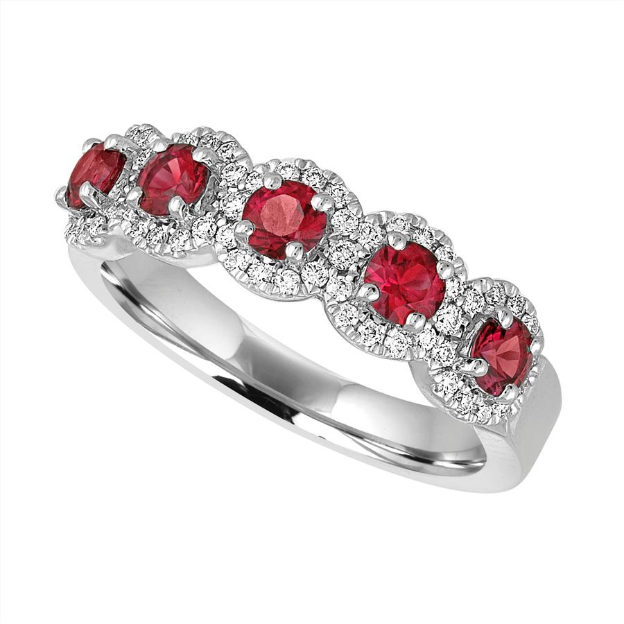View Five Stone Round Ruby And Diamond Halo Band