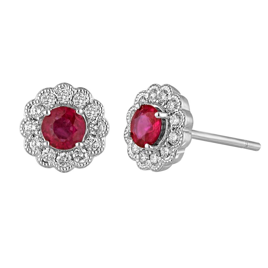 View Bezel Set Round Diamond Earrings with Milgrain Edging and Round Ruby Center