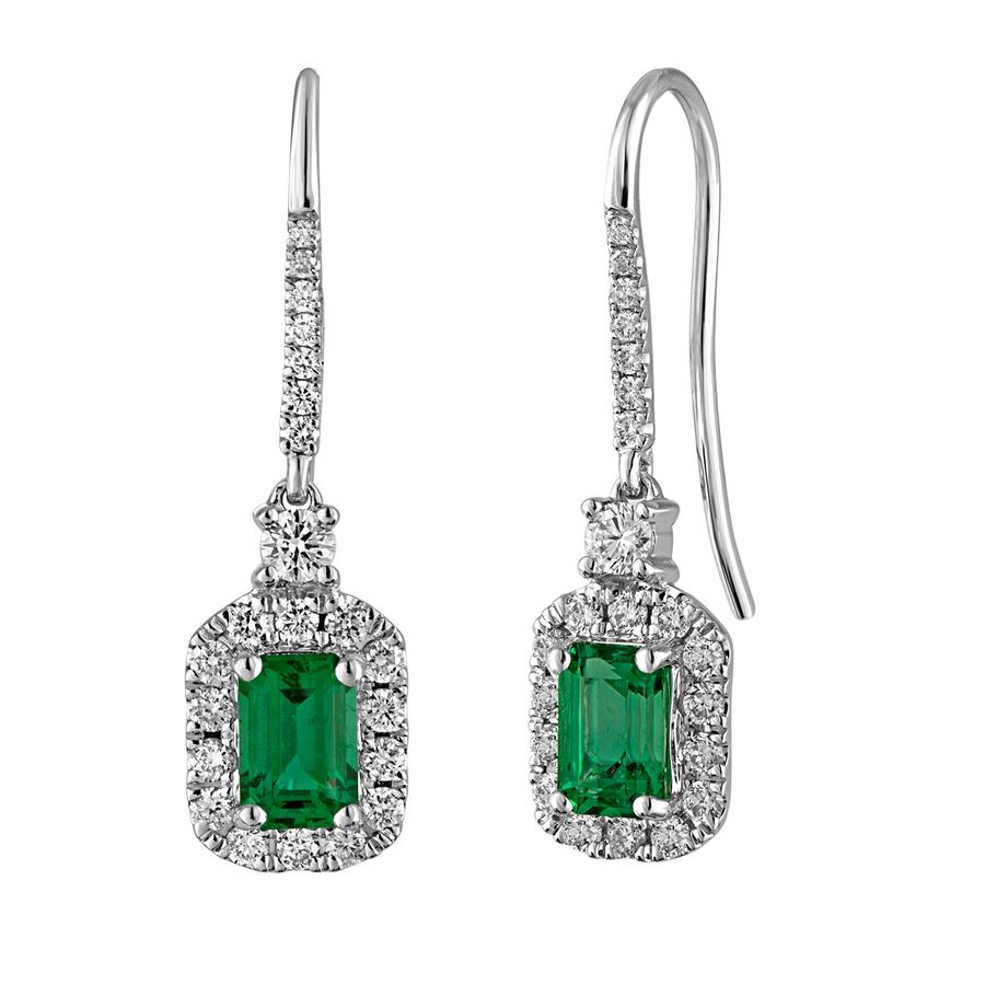 View Diamond Halo Drop Earrings With Emerald Cut Emerald Center