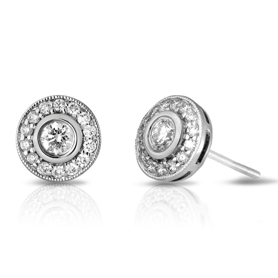 View Round Diamond Bezel Set Earrings with Pave Halo