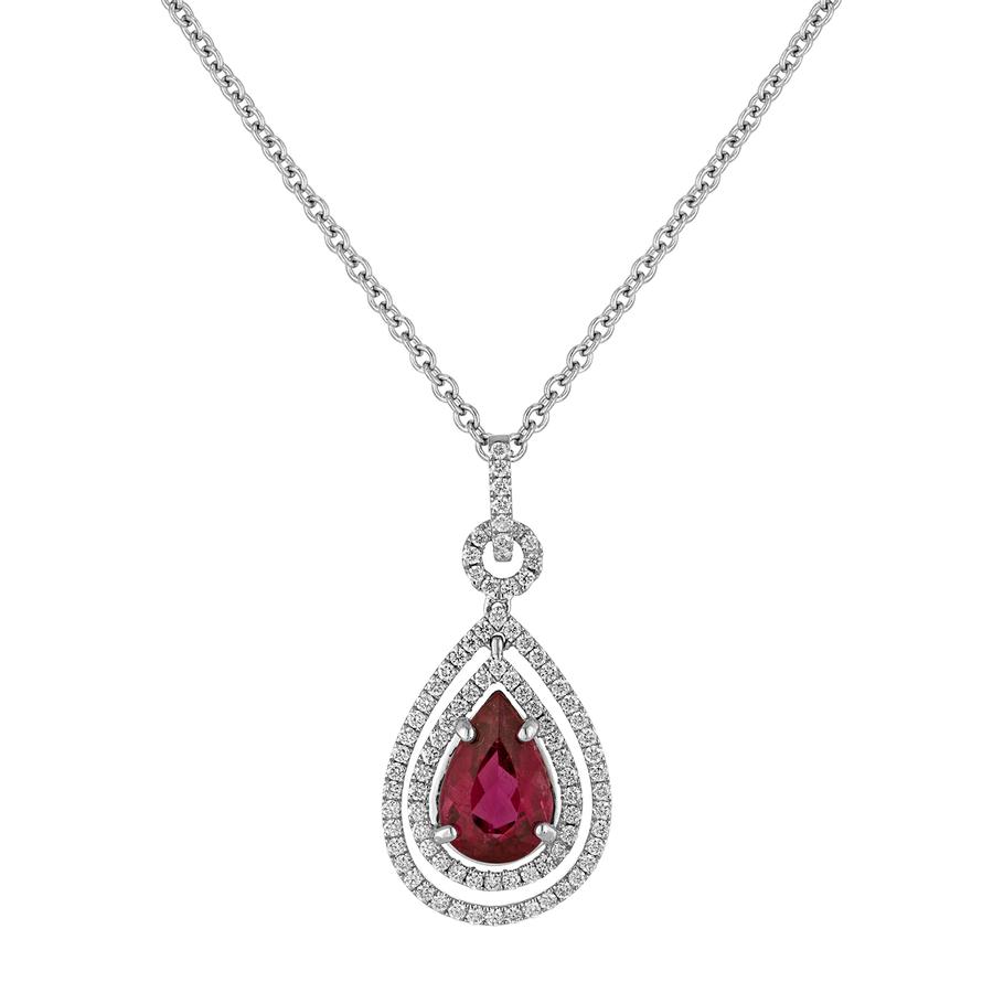 View Double Halo Diamond Drop Pendant with Rubalite Center