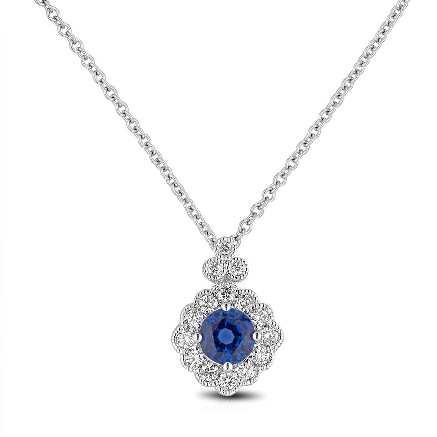 View Sapphire & Diamond Bezel Set Round Diamond Pendant with milgrain edging