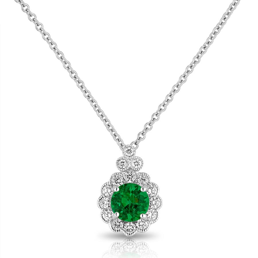 View Emerald & Round Diamond Bezel Set Pendant with Milgrain Edging