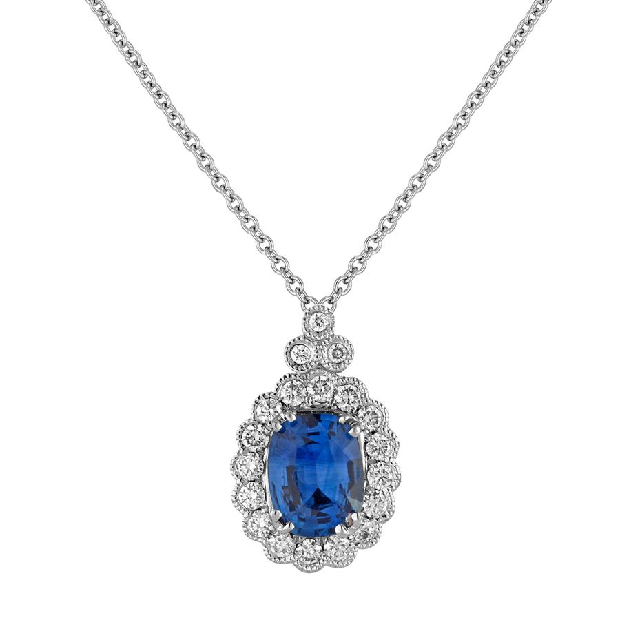 View Bezel Set Round Diamond Pendant with Milgrain Edging and Cushion Sapphire Center Stone