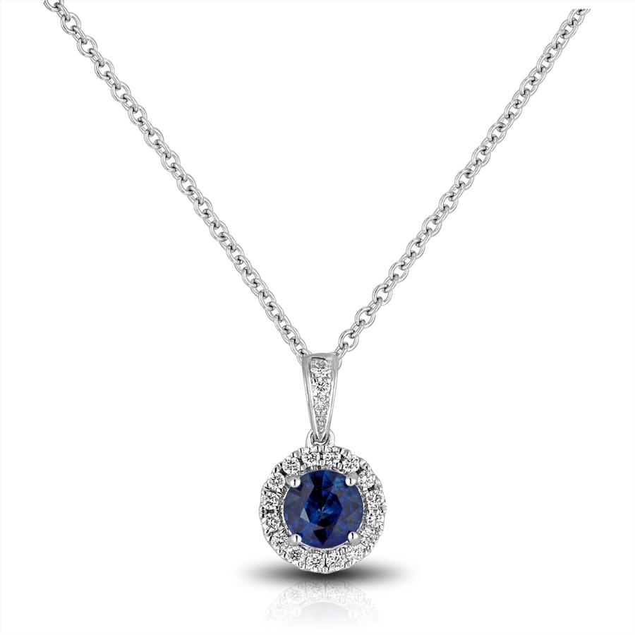 View Sapphire & Round Diamond Halo Pendant With Bail