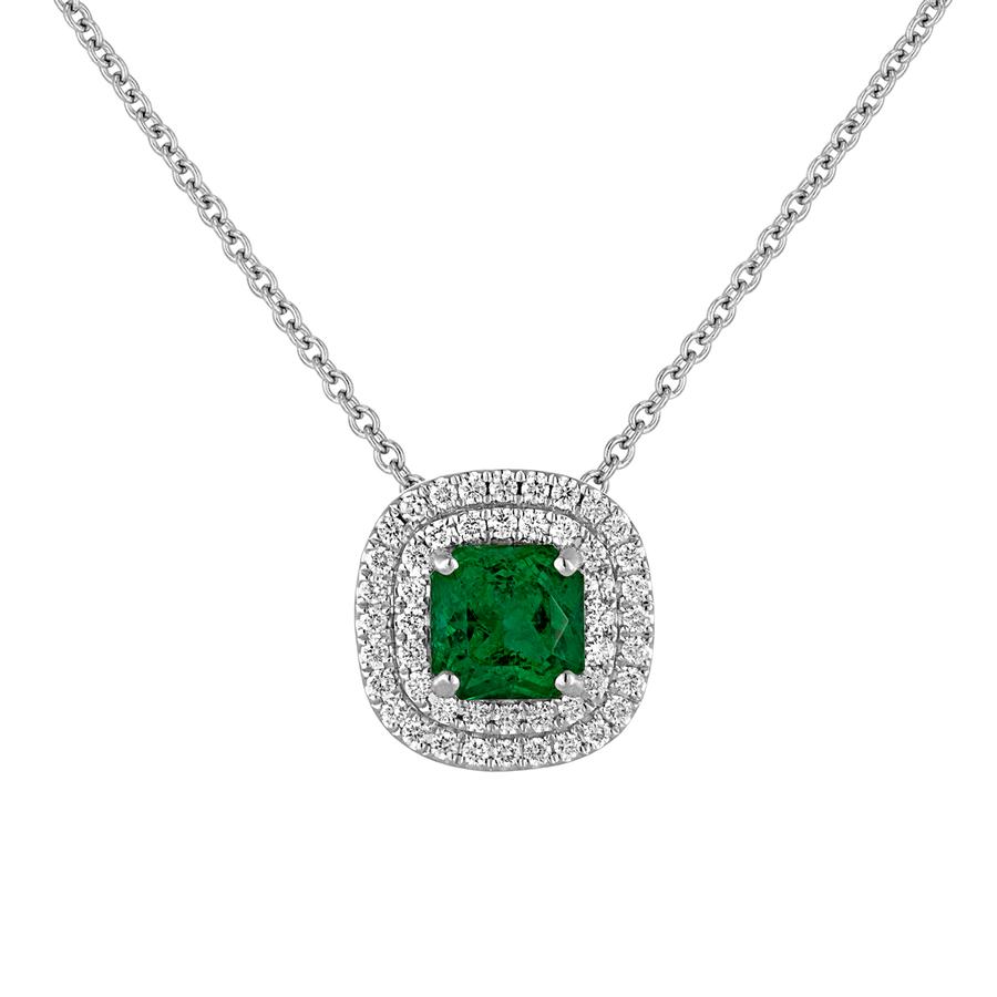 View Double Halo Cushion Frame Pendant And Cushion Emerald Center