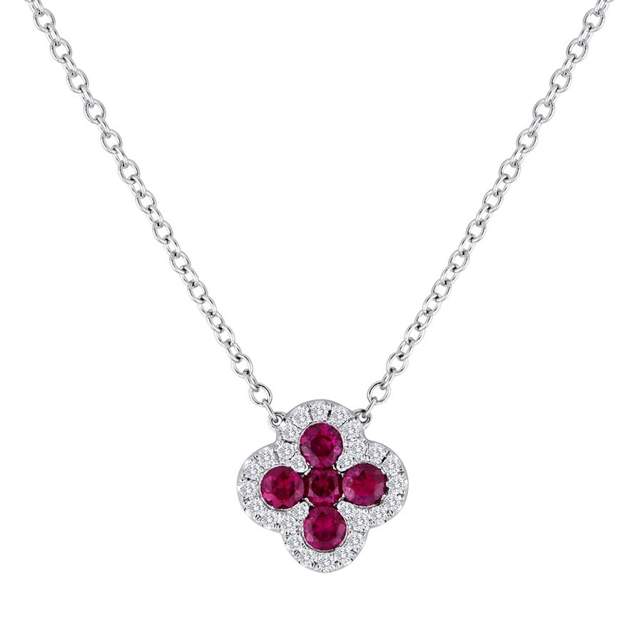 View Ruby and Diamond Clover Pendant with Attached Chain