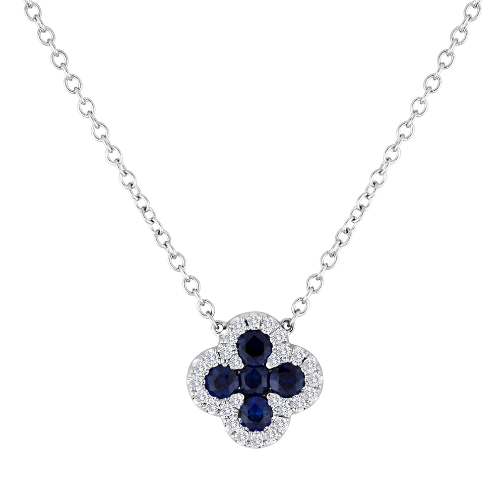 View Sapphire and Diamond Clover Pendant with Attached Chain