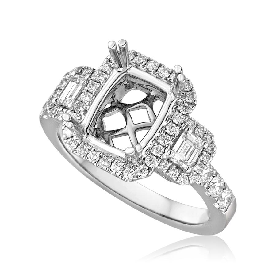 View Three Stone Emerald Cut Halo Ring