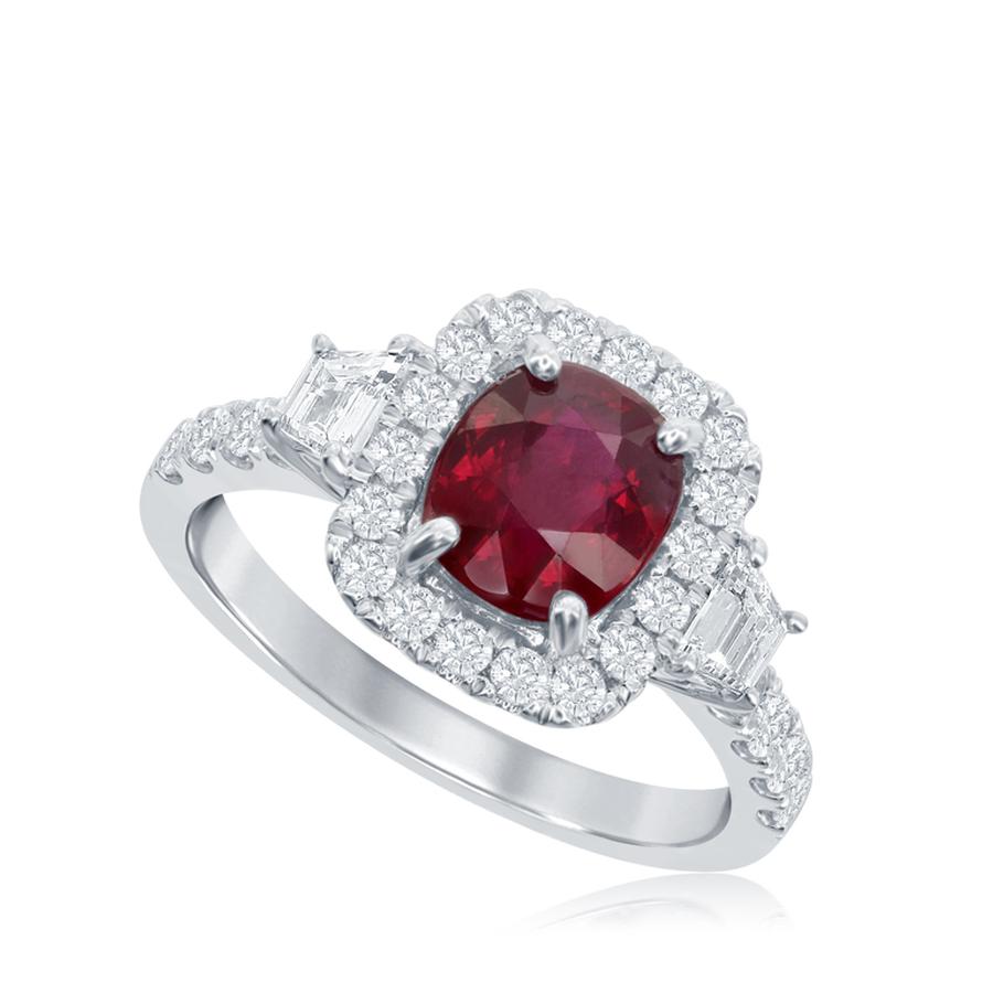 View Cushion Cut Ruby Ring with Trapezoid Side stones