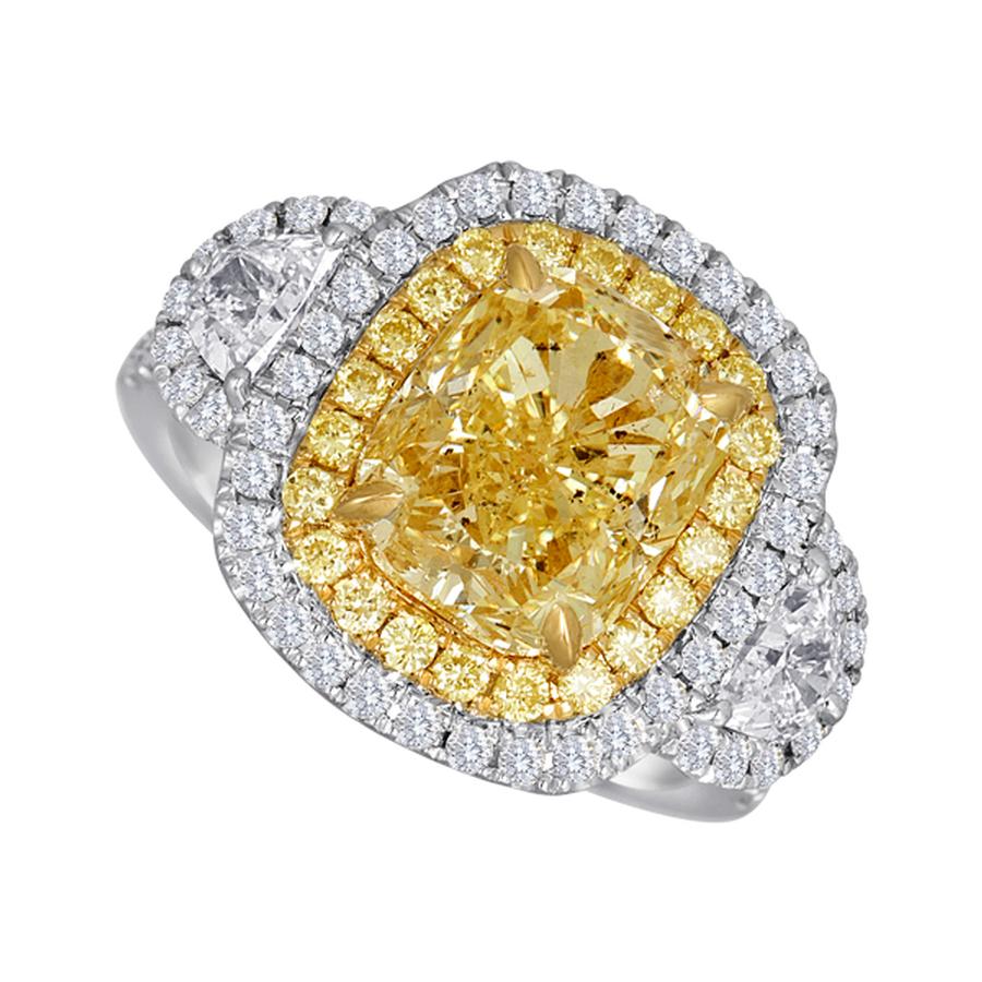 View Yellow Cushion & Halfmoon Three Stone Ring